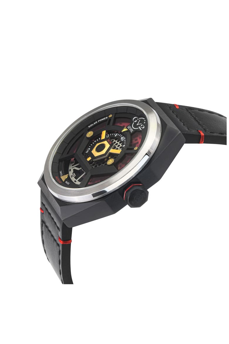 Stella Solare Power Leather Strap Watch, 44mm, Alternate, color, BLACK/RED