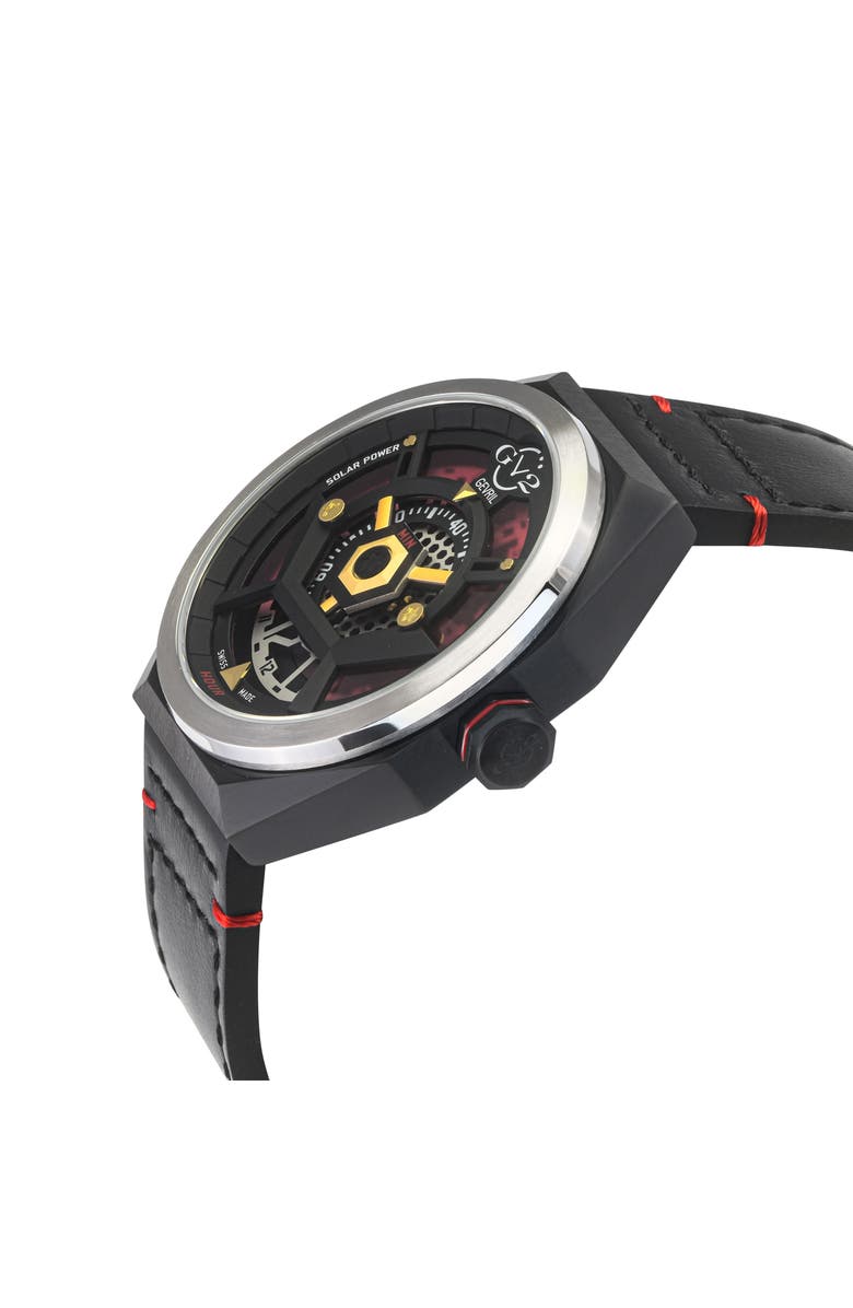GV2 Stella Solare Power Leather Strap Watch, 44mm, Alternate, color, Black/Red