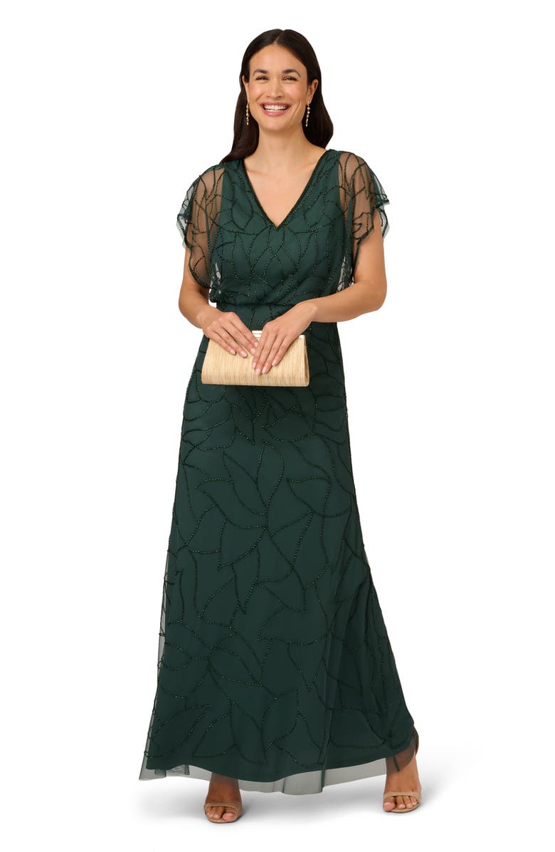Adrianna Papell Beaded Mesh Blouson Gown, Alternate, color, 