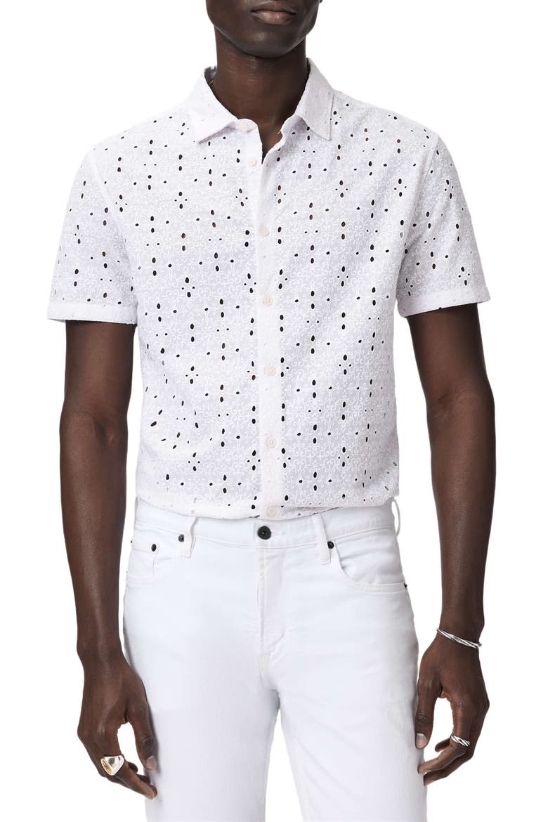 Sean Eyelet Cotton Short Sleeve Button-Up Shirt, Main, color, WHITE