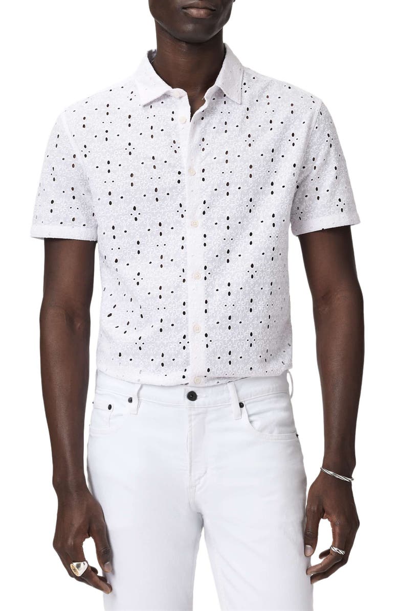 John Varvatos Sean Eyelet Cotton Short Sleeve Button-Up Shirt, Main, color, White