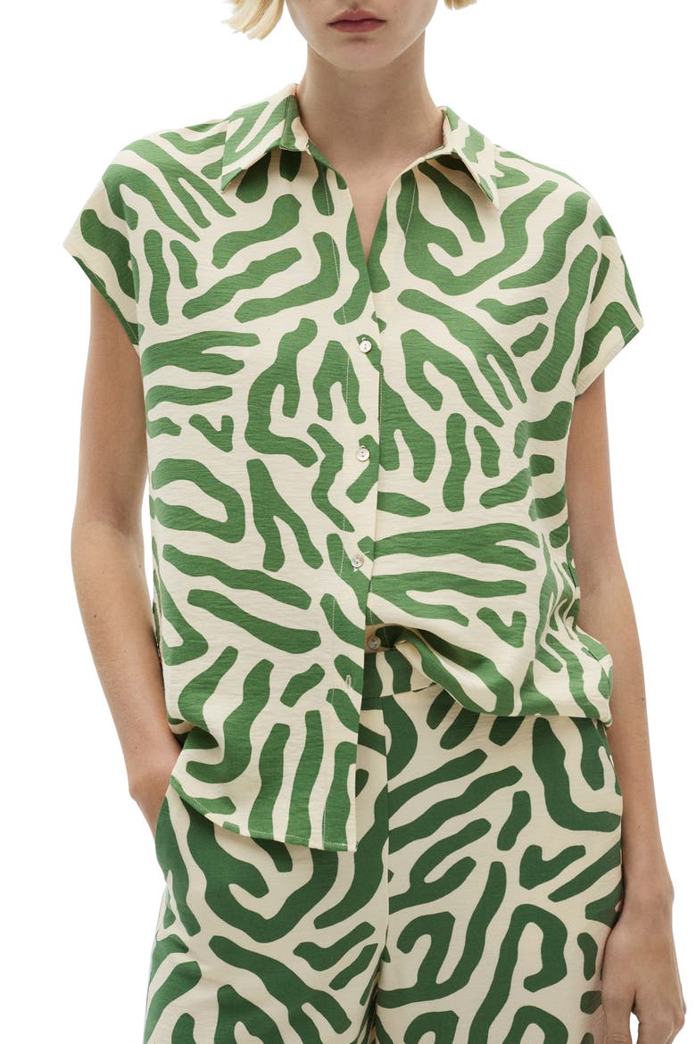 Abstract Print Cap Sleeve Button-Up Shirt, Main, color, GREEN