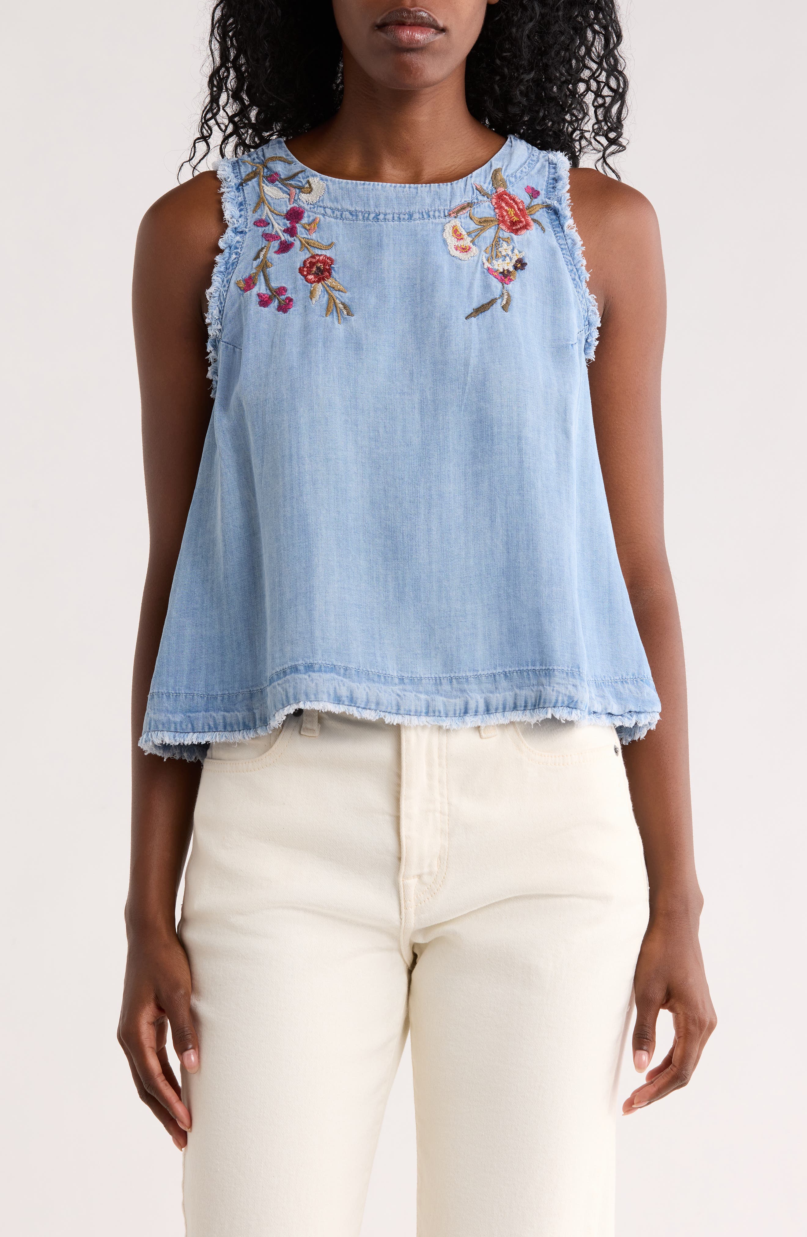 T Tahari Floral Embroidered Chambray Shell