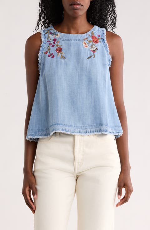 Floral Embroidered Chambray Shell