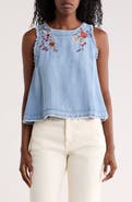 T Tahari Floral Embroidered Chambray Shell