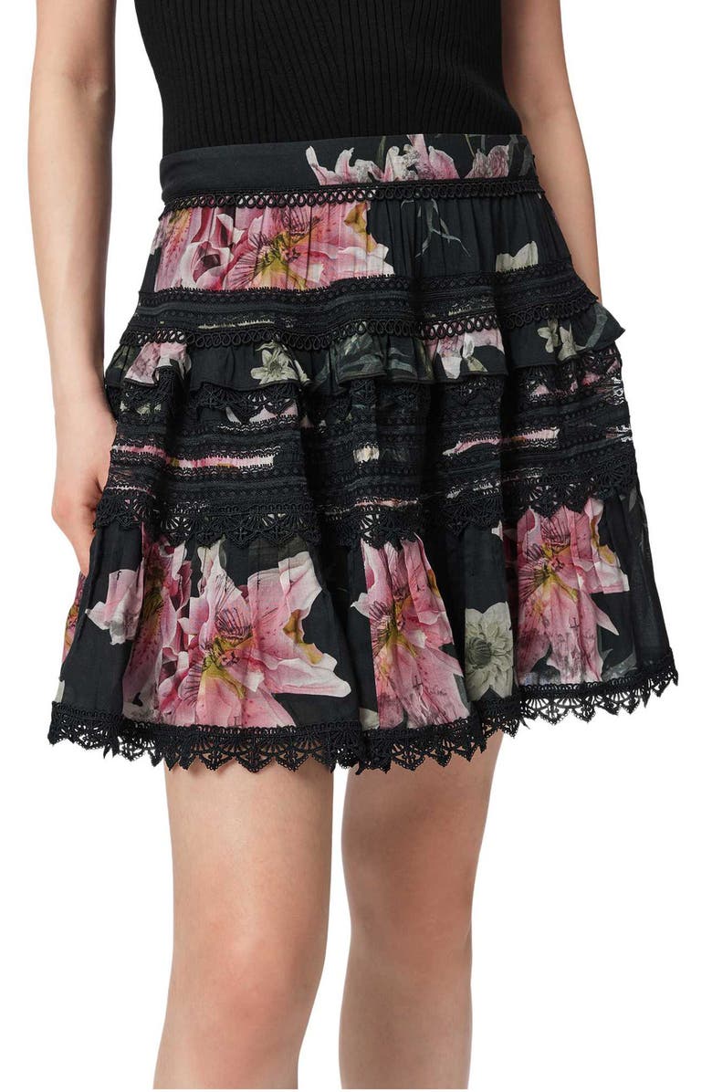 AllSaints Zora Floral Lace Detail Miniskirt, Alternate, color, Crystal Black