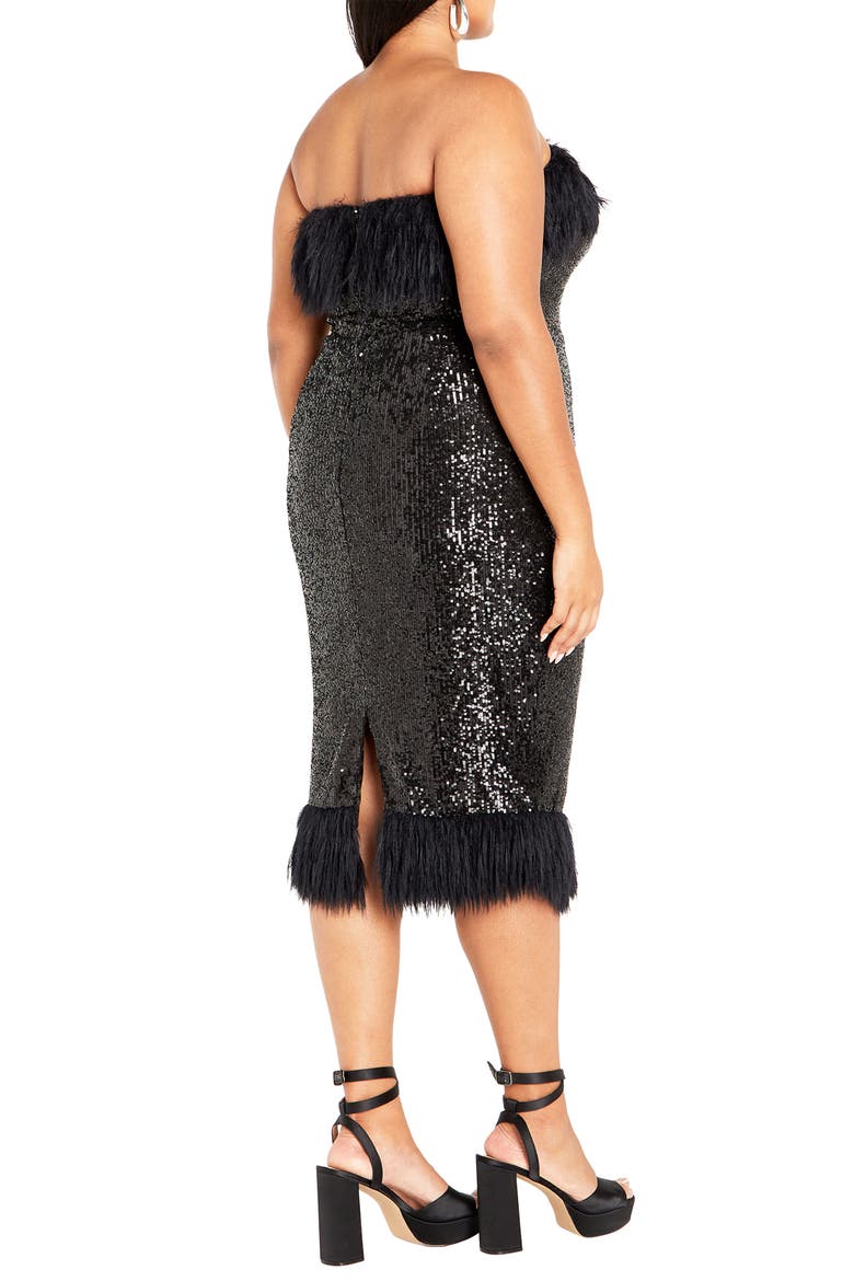 Feather Trim Sequin Strapless Dress, Alternate, color, BLACK