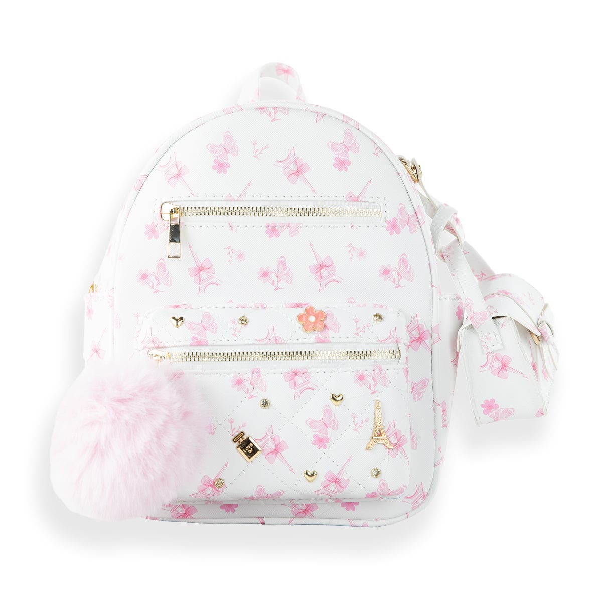 Paris Pink Quilted Mini Backpack Set, Main, color, Tower Bow/ Pink