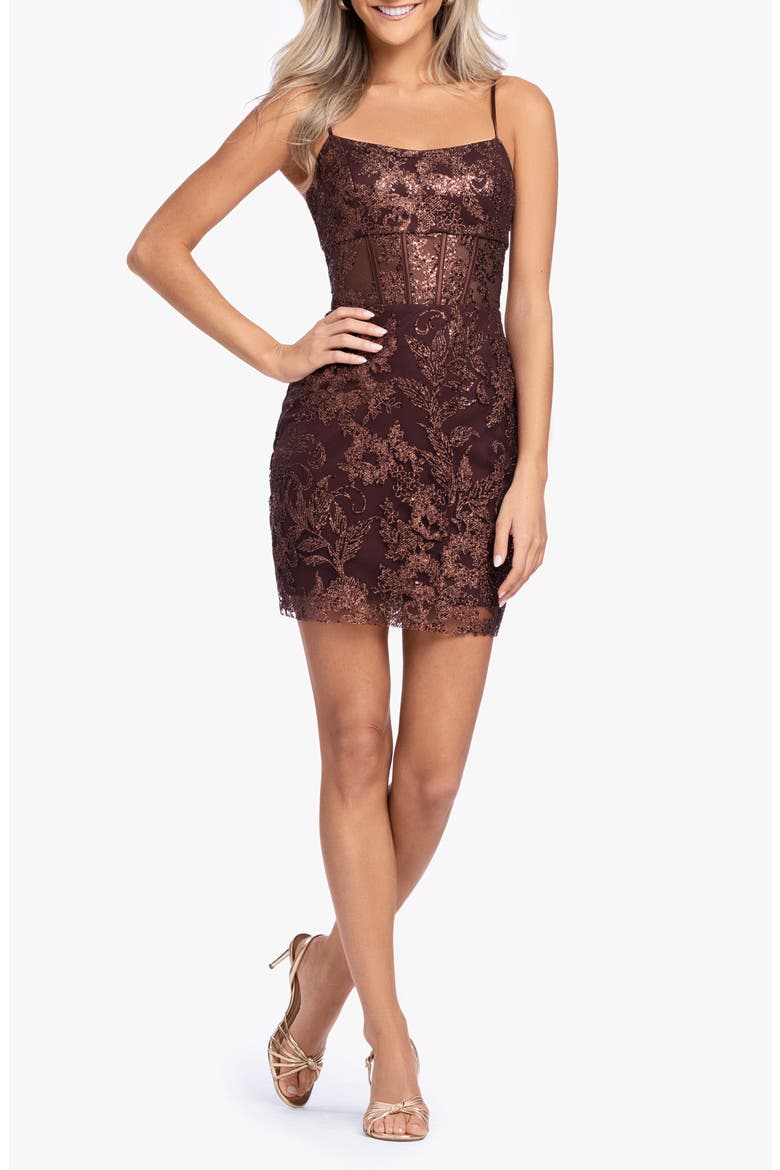 Sequin Corset Cocktail Minidress, Main, color, BROWN