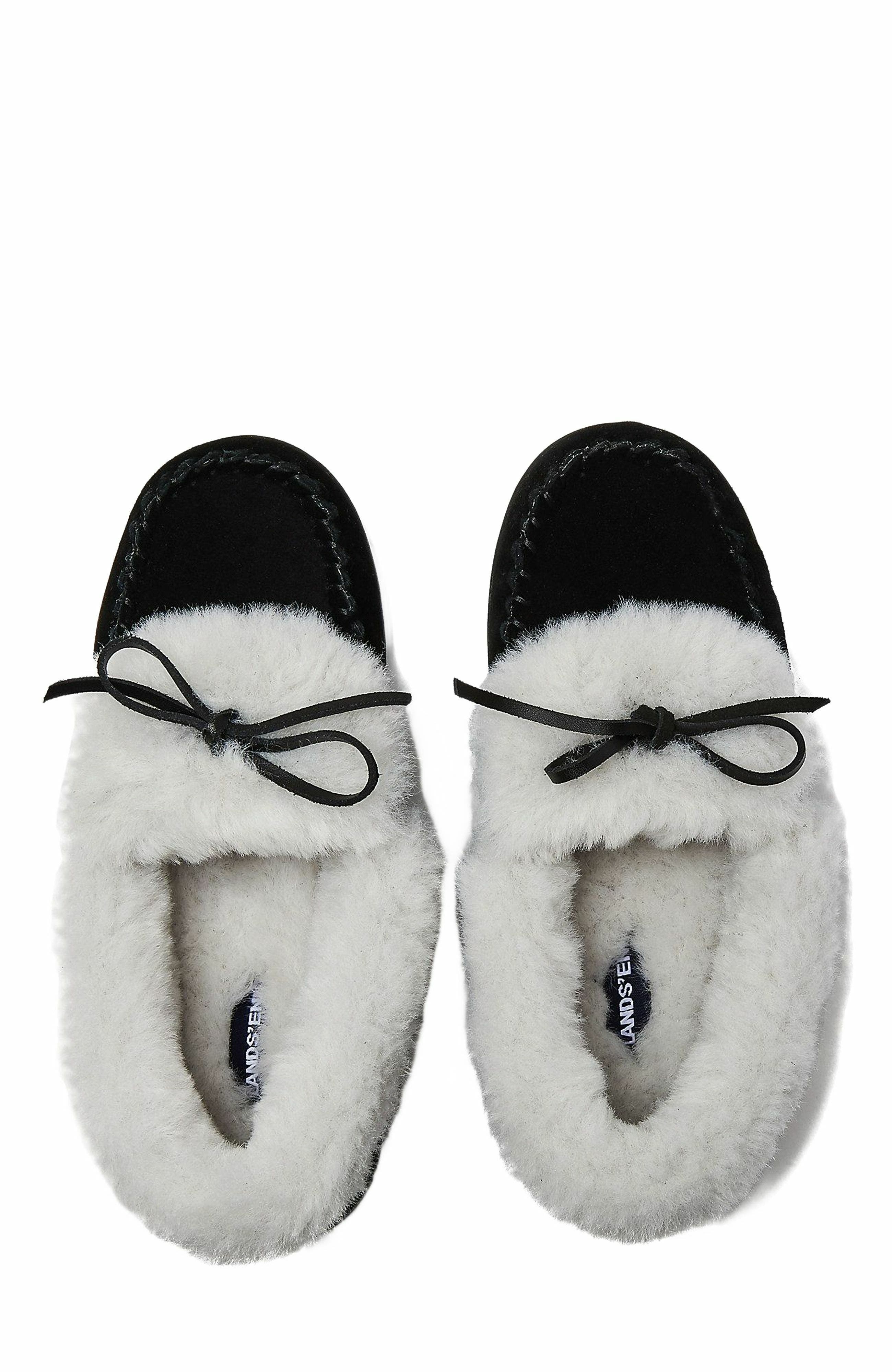Fluffy Lined Indoor Outdoor Moccasin Slippers, Main, color, Black Suede