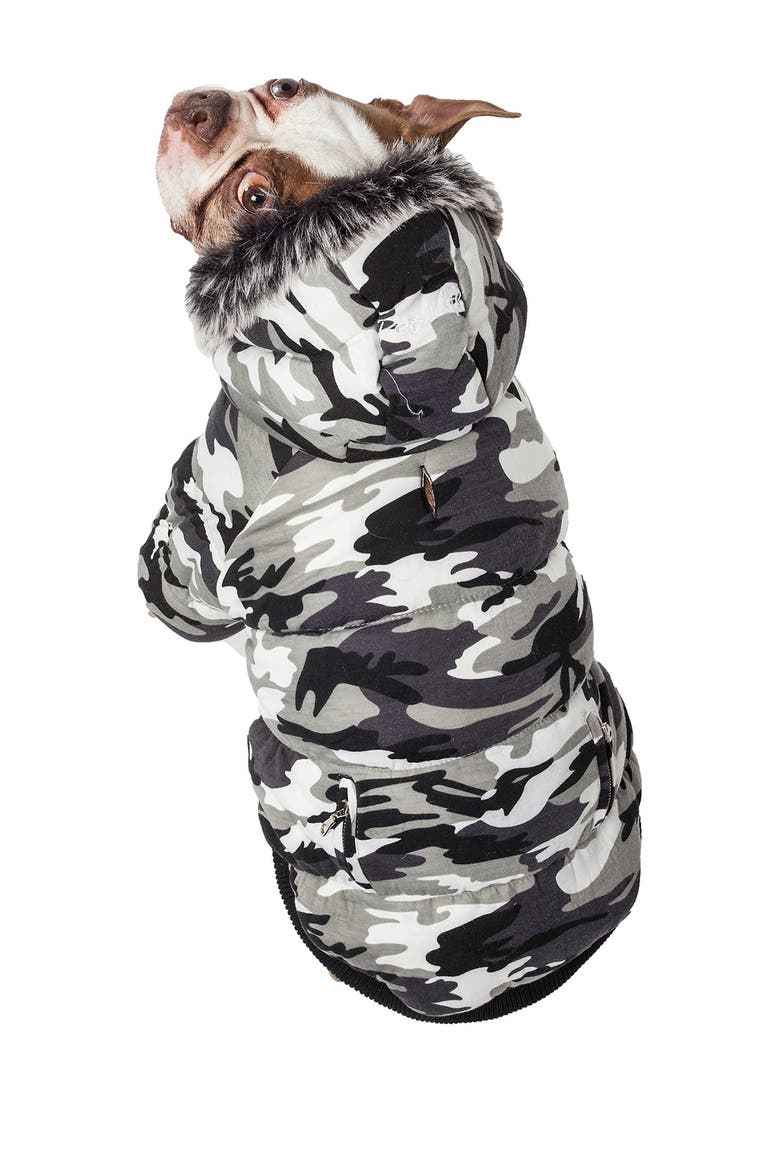 Fashion Pet Faux Fur Trim Parka Coat - X-Small, Alternate, color, SNOW CAMOUFLAGE