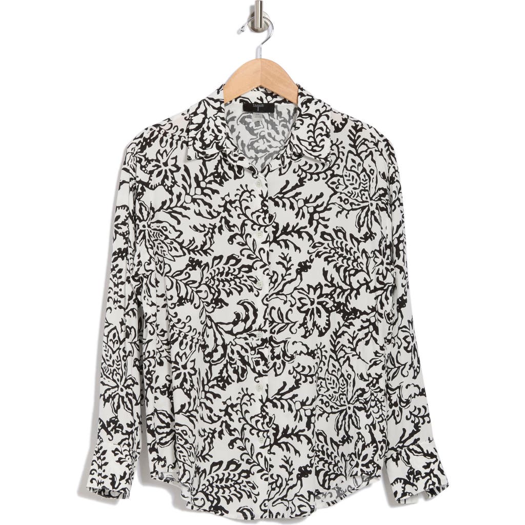 T Tahari Floral Long Sleeve Button-up Shirt In Ivory/floral Outline