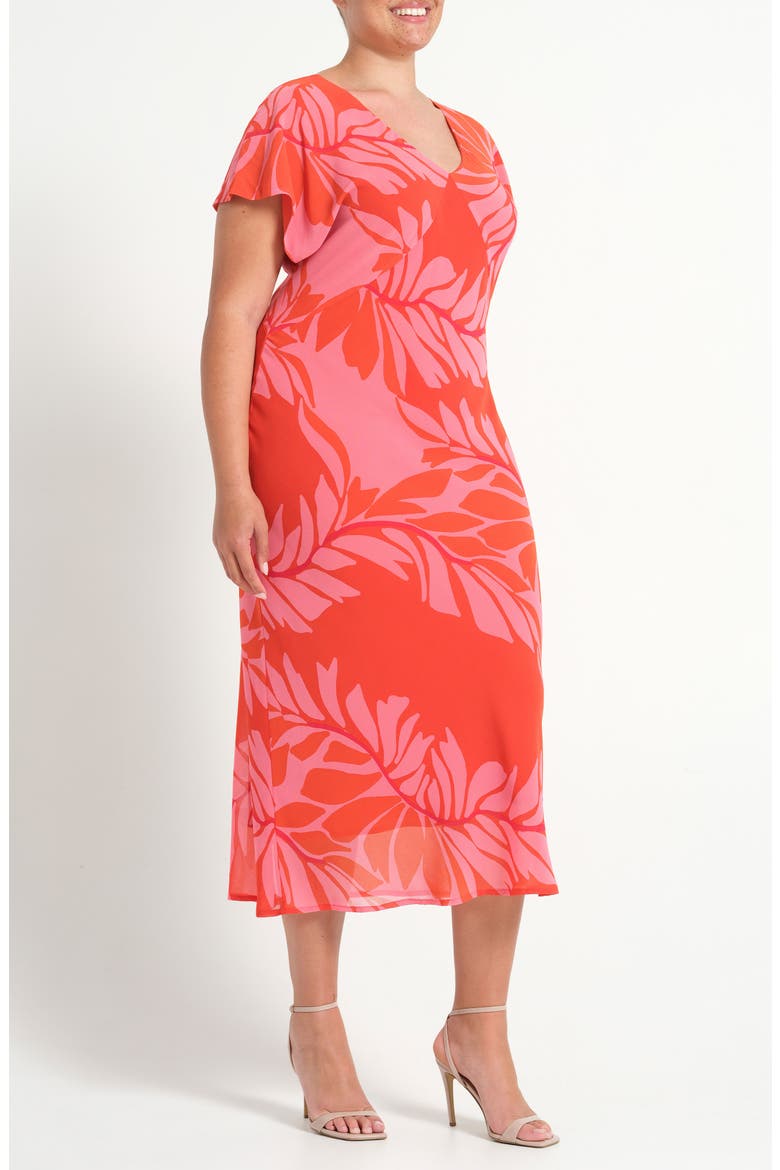 Leyla Leaf Print Sheath Midi Dress, Alternate, color, PEONY ROUGE