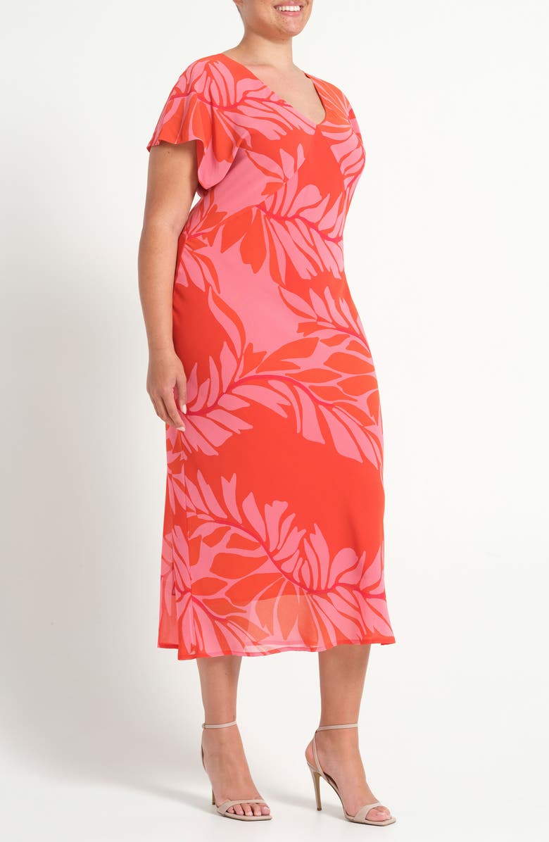 Estelle Leyla Leaf Print Sheath Midi Dress, Alternate, color, Peony Rouge