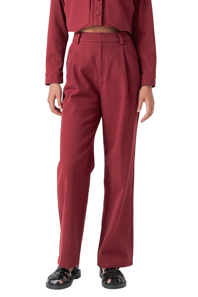 Pleated High Waist Cotton Wide Leg Pants, Main, color, BURGUNDY