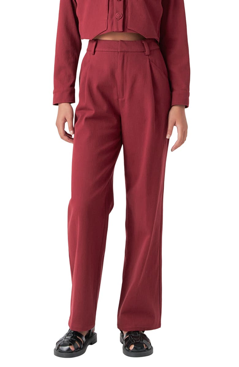 English Factory Pleated High Waist Cotton Wide Leg Pants, Main, color, Burgundy