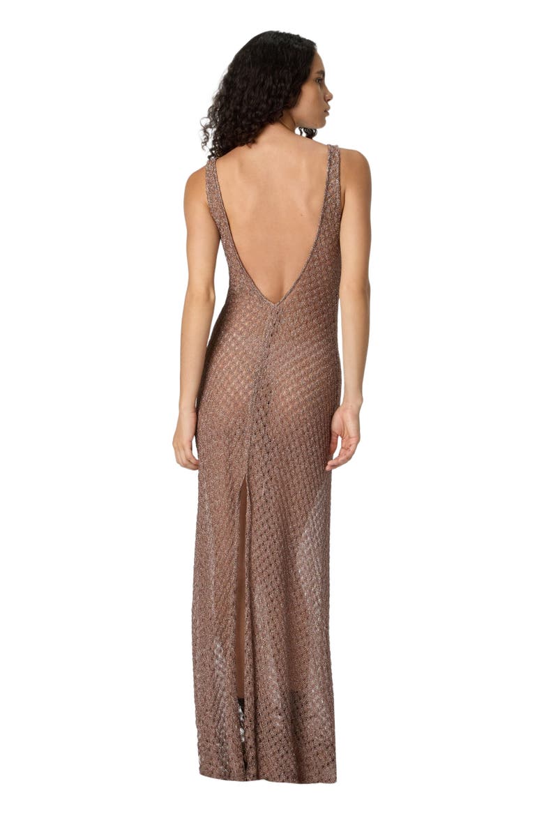 Cover-up Dress In Lamé Viscose With Spiderweb Motif And V-neckline, Alternate, color, Brown