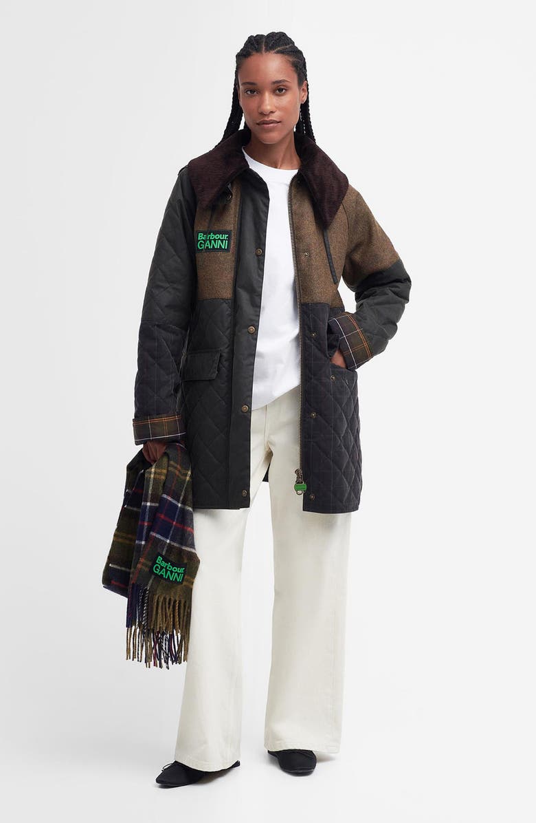 BARBOUR X GANNI Burghley Hooded Wool Contrast & Waxed Cotton Jacket, Alternate, color, 