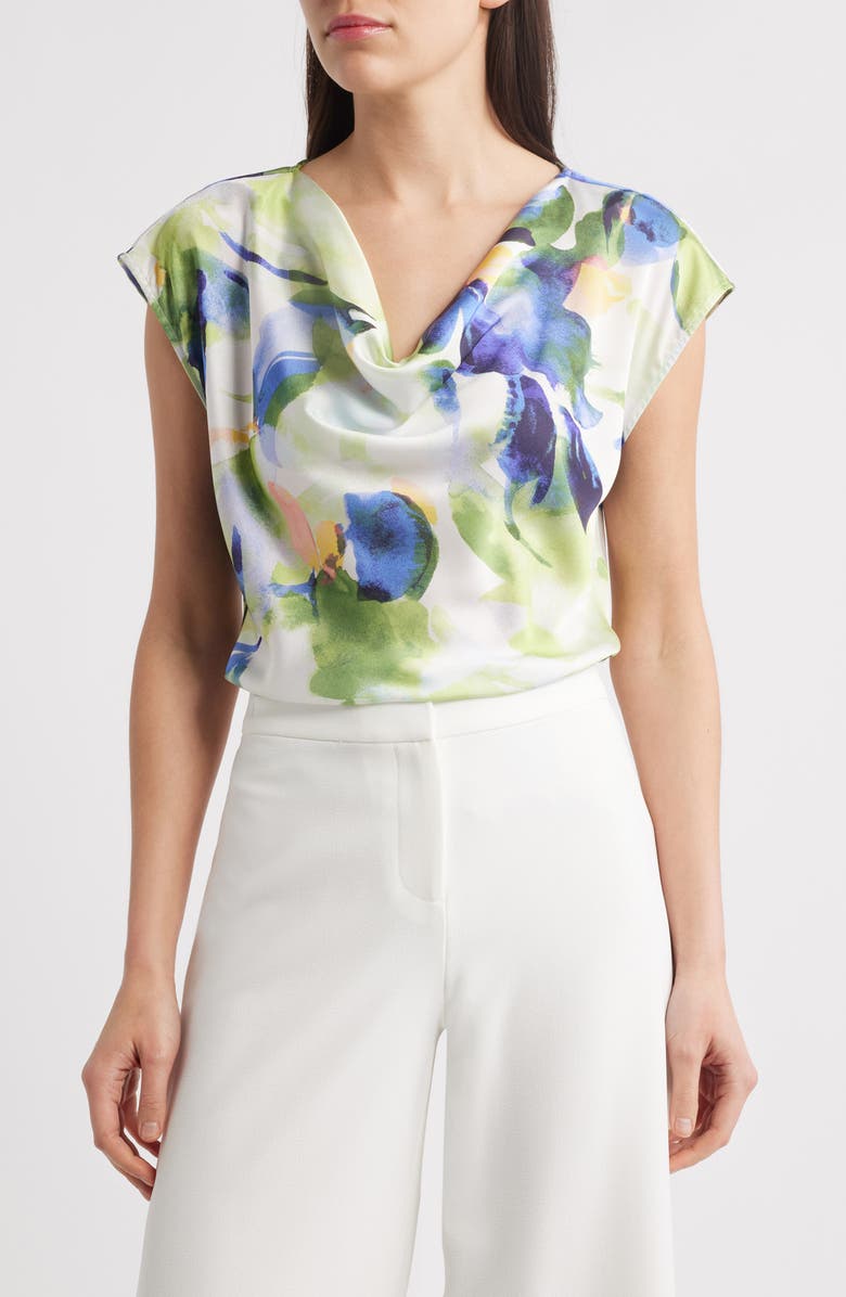 Tahari ASL Watercolor Cowl Neck Satin Top, Main, color, 