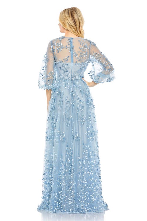 Mac Duggal Embroidered Puff Sleeve A-line Gown In Blue