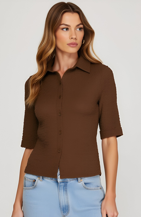 Textured Button-Up Collared Top