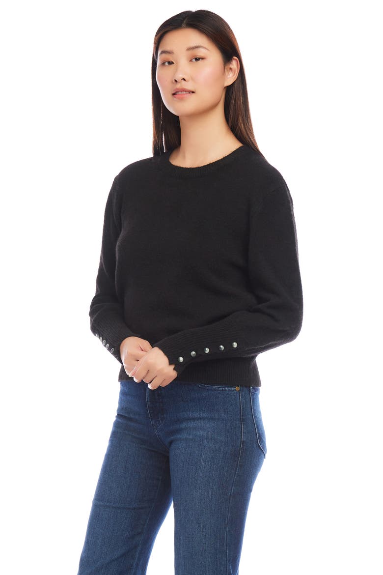 Button Cuff Crewneck Sweater, Alternate, color, BLACK