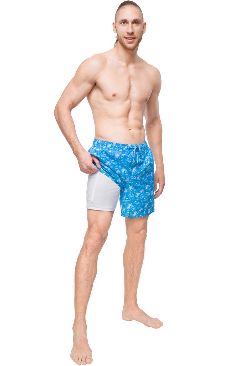 Men's 7" Compression Liner Swim Trunks with Back Zipper Pocket, UPF 50+, Alternate, color, Blue Tropical Print
