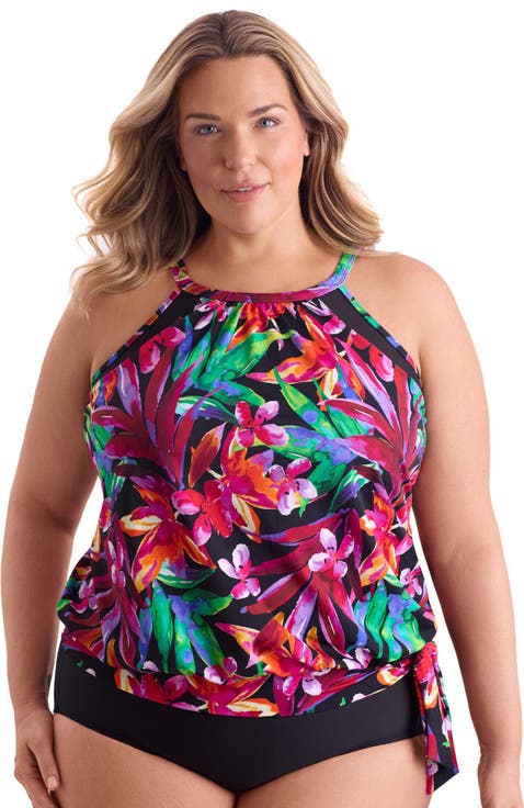 High Neck Mesh Blouson Plus Size Tankini Swimsuit Top