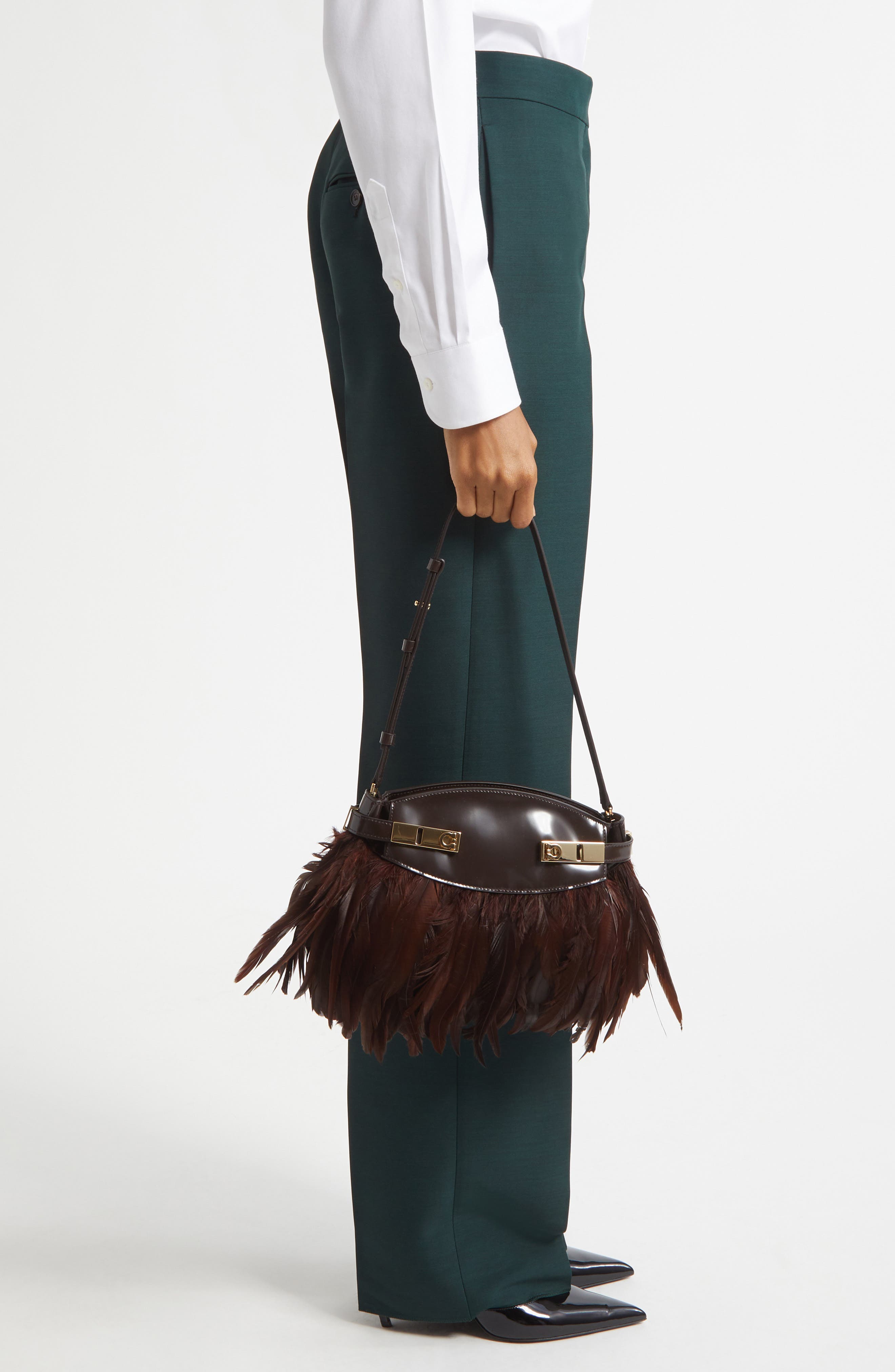 FERRAGAMO Hug Leather & Feathers Clutch, Alternate, color, Testa Di Moro