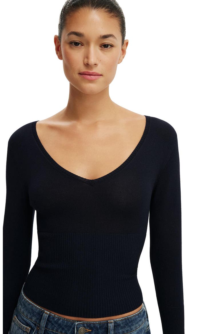 Women's Close Knit V-Neck Top, Alternate, color, Navy