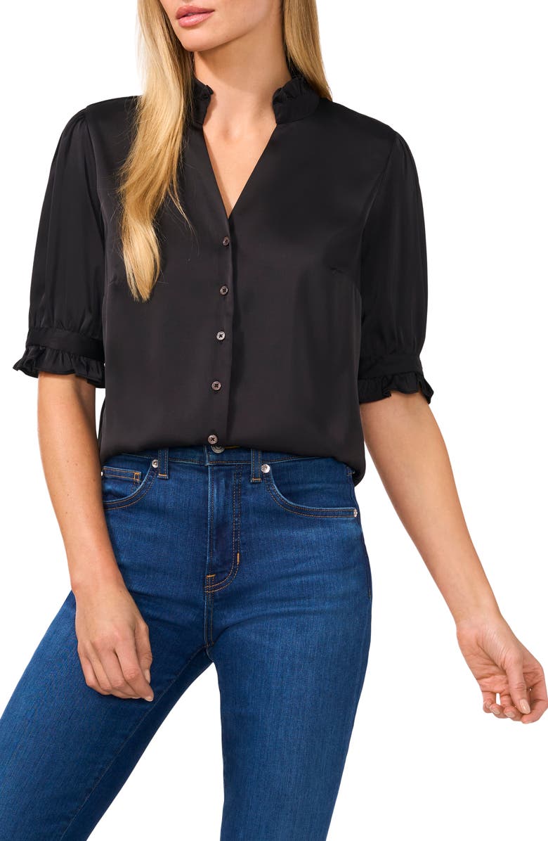 CeCe Frill Cuff Satin Button-Up Shirt, Main, color, 