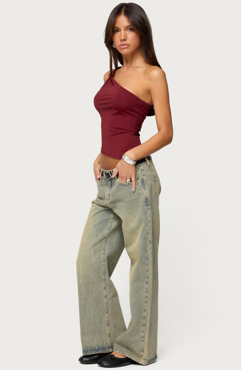 EDIKTED Knotted One-Shoulder Asymmetric Crop Top, Alternate, color, Burgundy