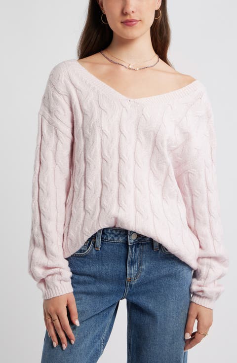 Cable Knit V-Neck Cotton Blend Sweater