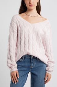 BP. Cable Knit V-Neck Cotton Blend Sweater