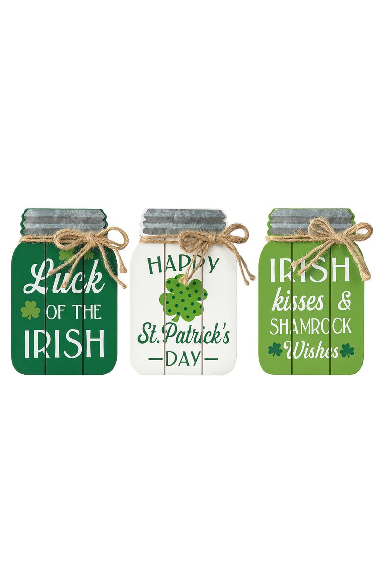 Glitzhome Set of 3 St. Patrick's Wooden Mason Jar Table decor, Main, color, Green
