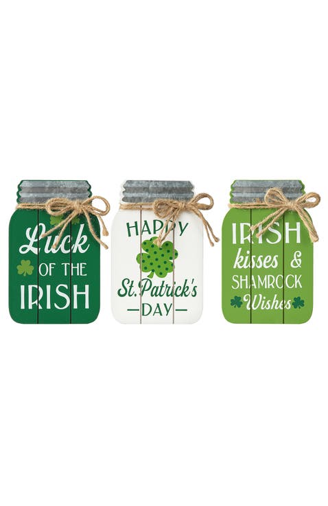 Set of 3 St. Patrick's Wooden Mason Jar Table decor