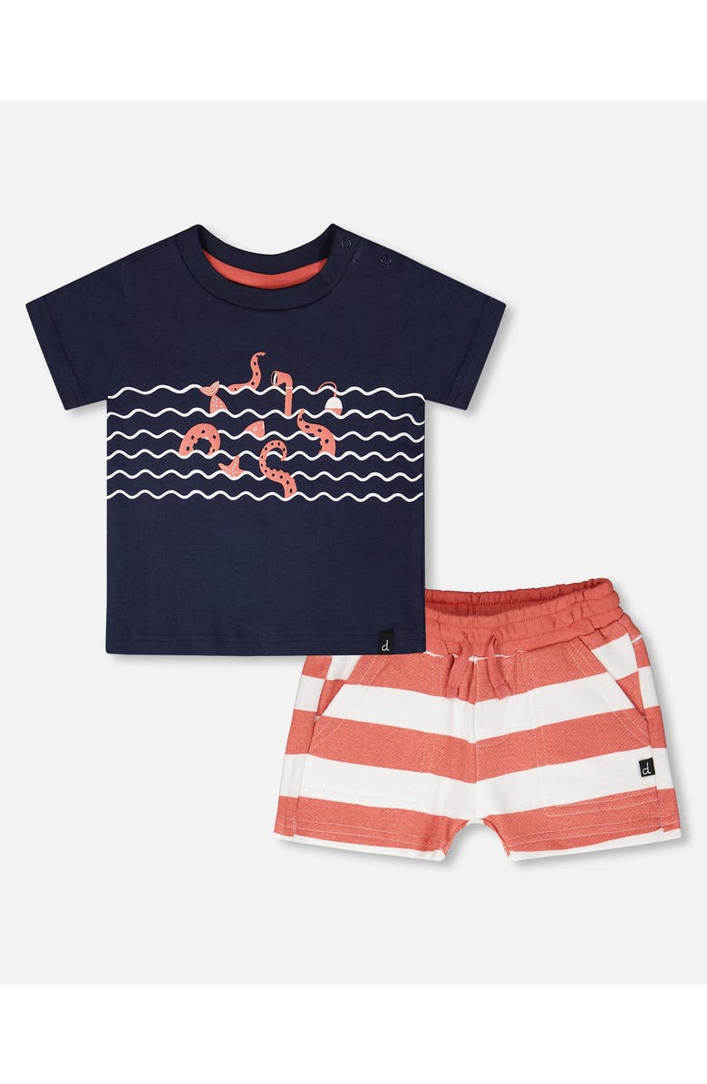 Deux par Deux Organic Cotton T-Shirt and Stripes Short Set, Main, color, Blue And Brick Stripes