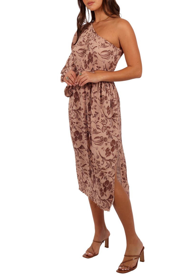 Wren Floral Pleated Cutout One-Shoulder Midi Dress, Alternate, color, WILD ORCHID