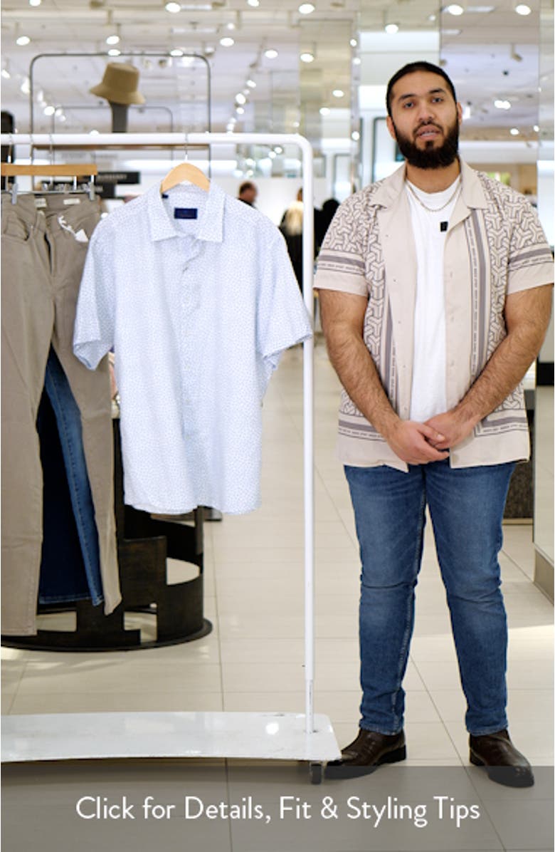 Starfish Print Short Sleeve Linen & Cotton Button-Up Shirt, sales video thumbnail