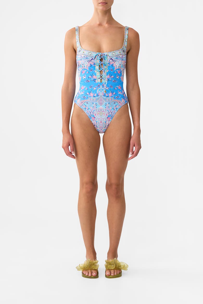 Lace Up Underwire Square Neck One Piece Footsteps In Folklore, Main, color, Footsteps In Folklore
