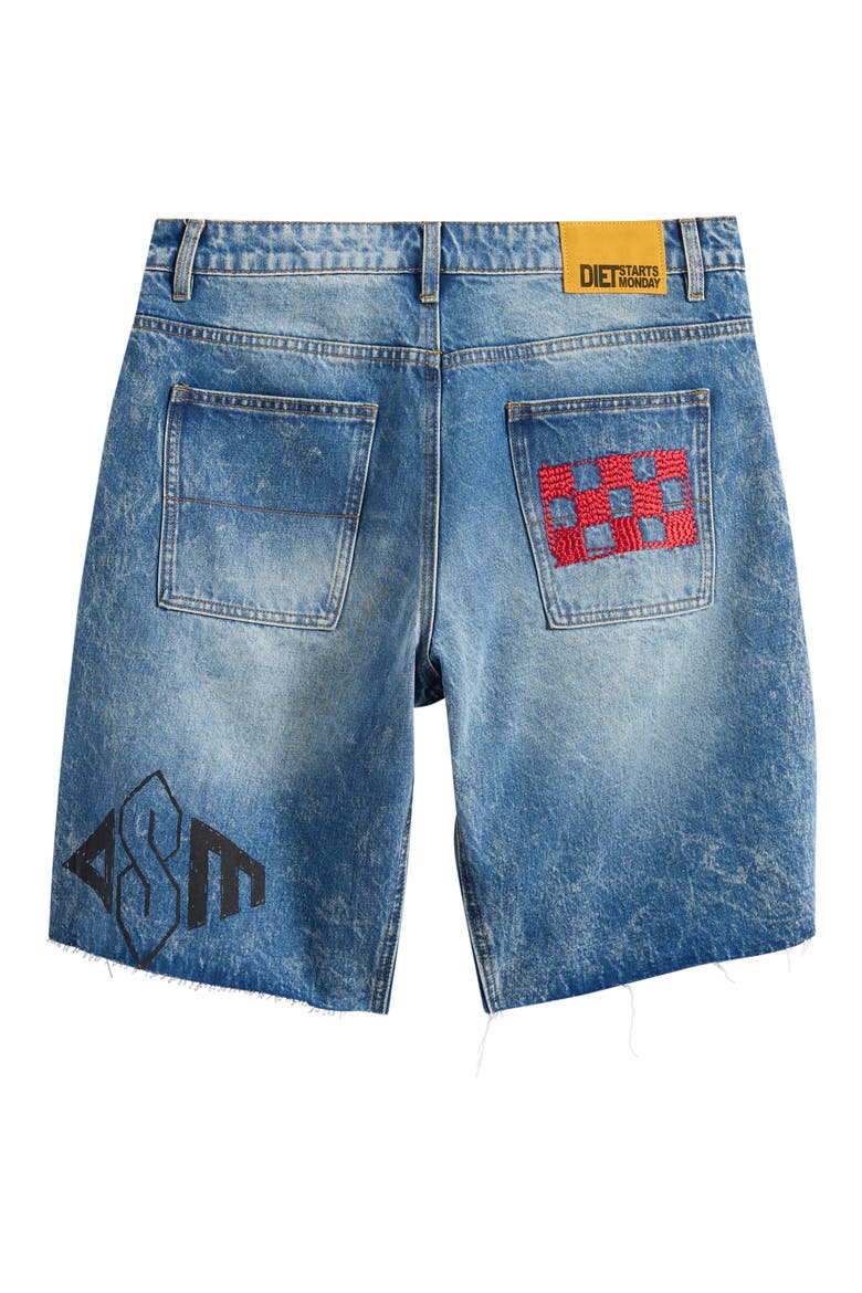 Doodle Distressed Raw Hem Denim Shorts, Alternate, color, INDIGO