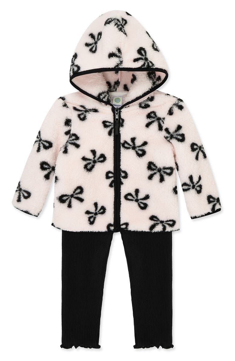 Little Me Bow Faux Shearling Jacket, T-Shirt & Pants Set, Alternate, color, Pink