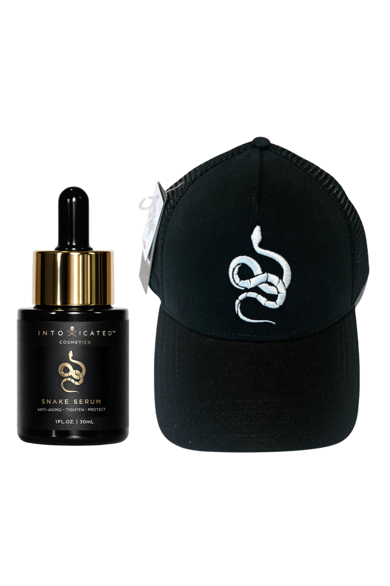 Snake Serum + Intoxicated Cosmetics Hat Bundle | 1 fl oz/ 30 ml | Anti-Aging Formula with Vegan Snake Peptides | Hydrating Hyaluronic Acid | Niacinamide for Radiant Skin Repair, Main, color, None