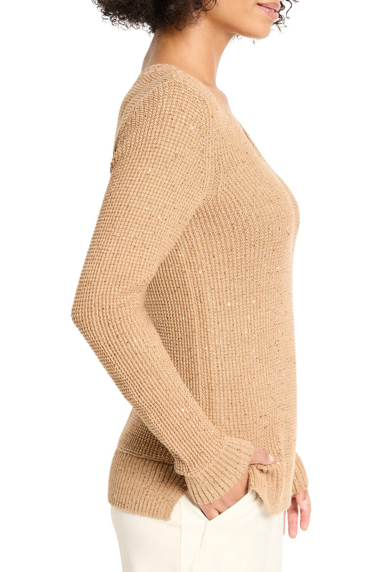 Shimmer V-Neck Waffle Stitch Sweater, Alternate, color, COPPER CREAM