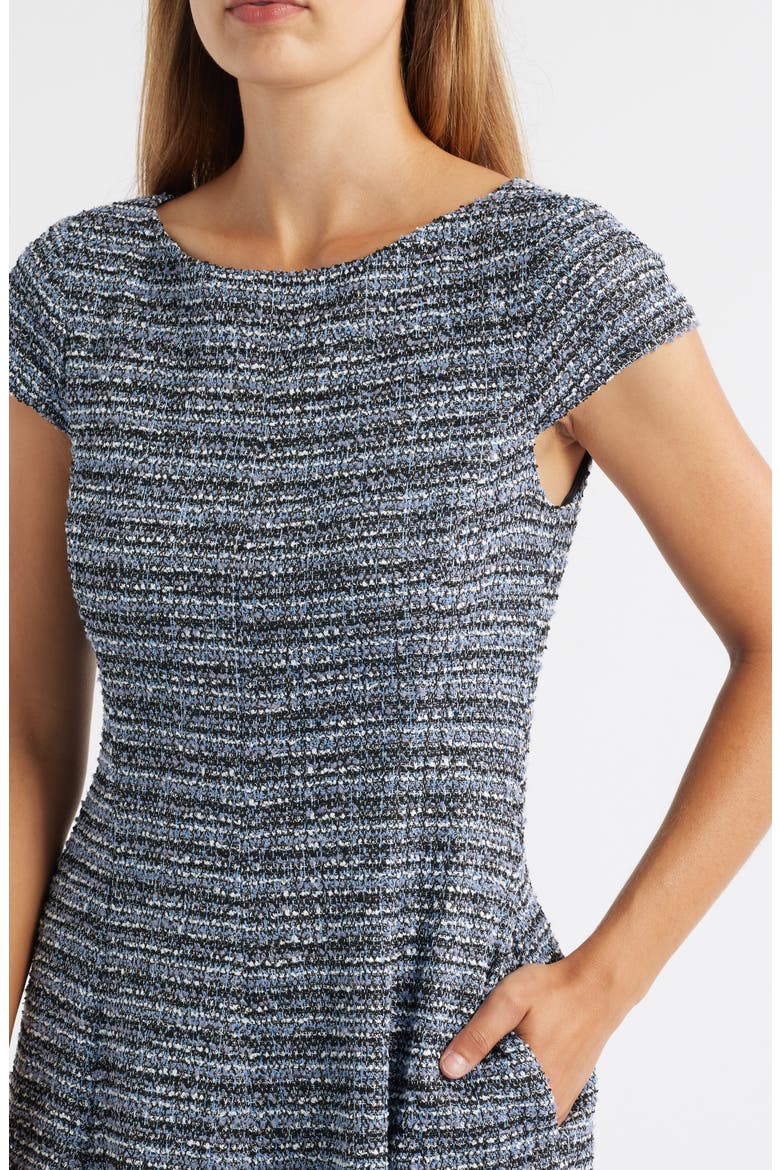 Tweed Cap Sleeve Fit & Flare Dress, Alternate, color, BLACK BLUE