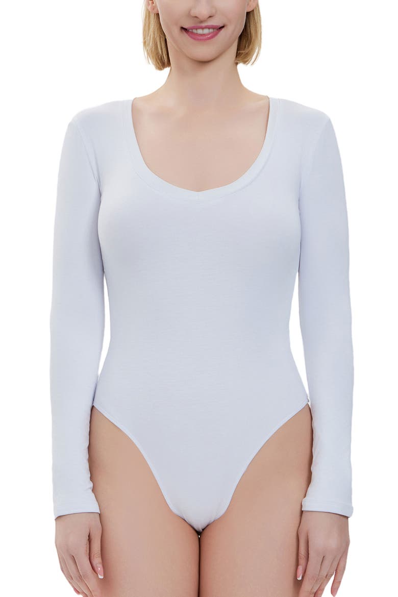V-Neck Long Sleeve Bodysuit, Main, color, White