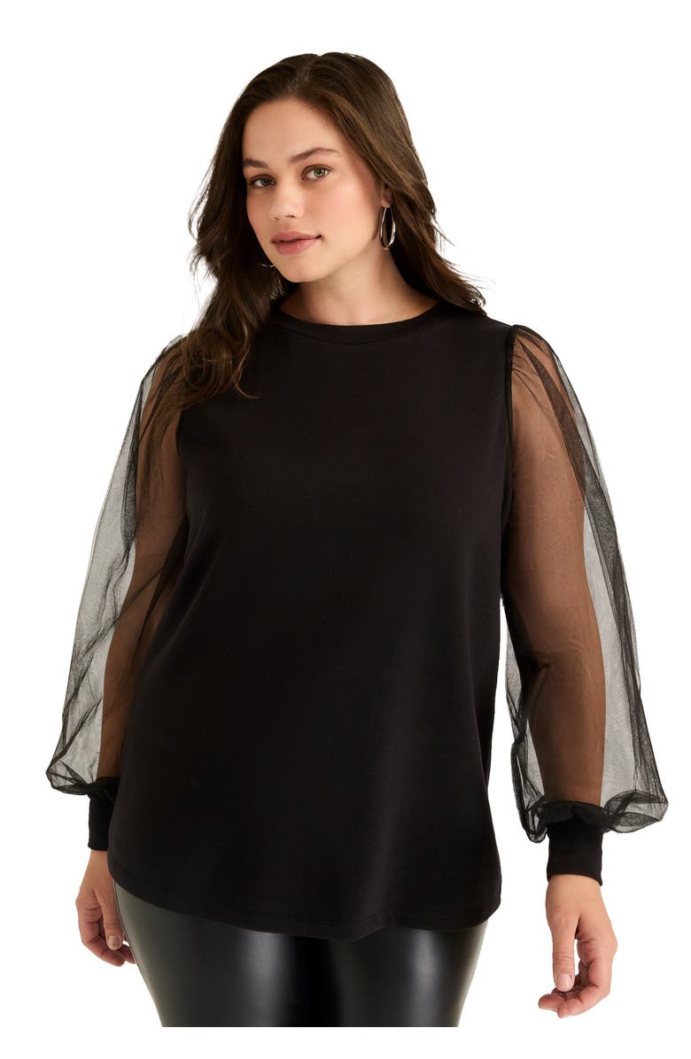 June + Vie Puff-Sleeve French Terry Sweatshirt, Main, color, Black Onyx