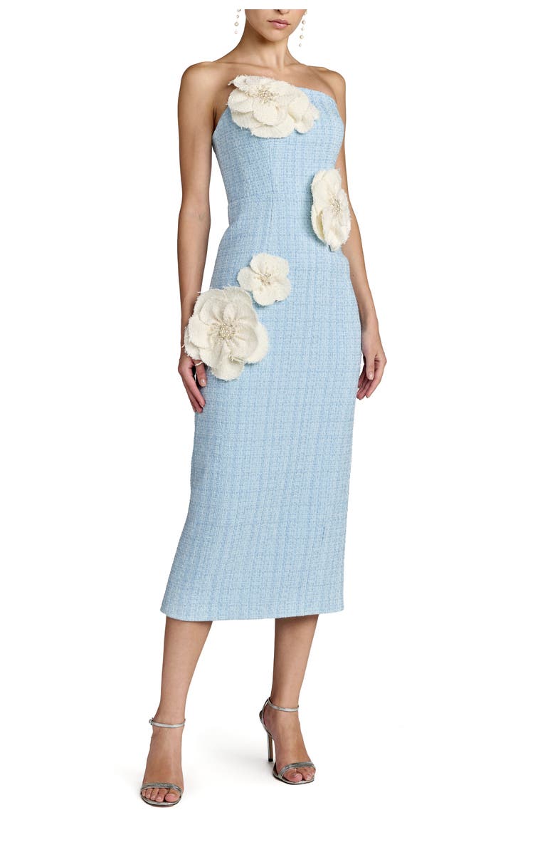 Mac Duggal Strapless Boucle Fitted Midi Dress With 3D Flowers, Main, color, 