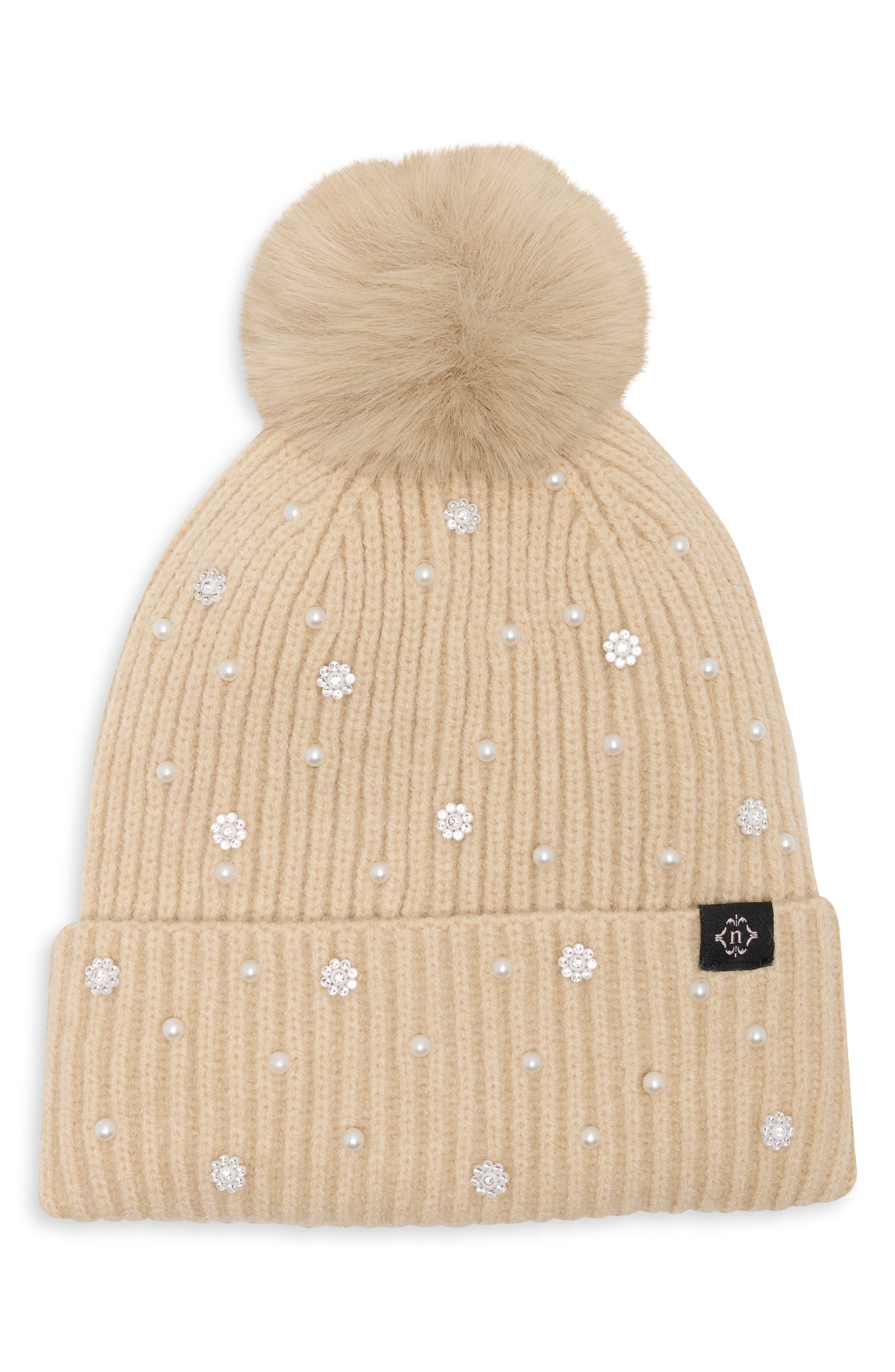 Faux Pearl and Crystal Beanie