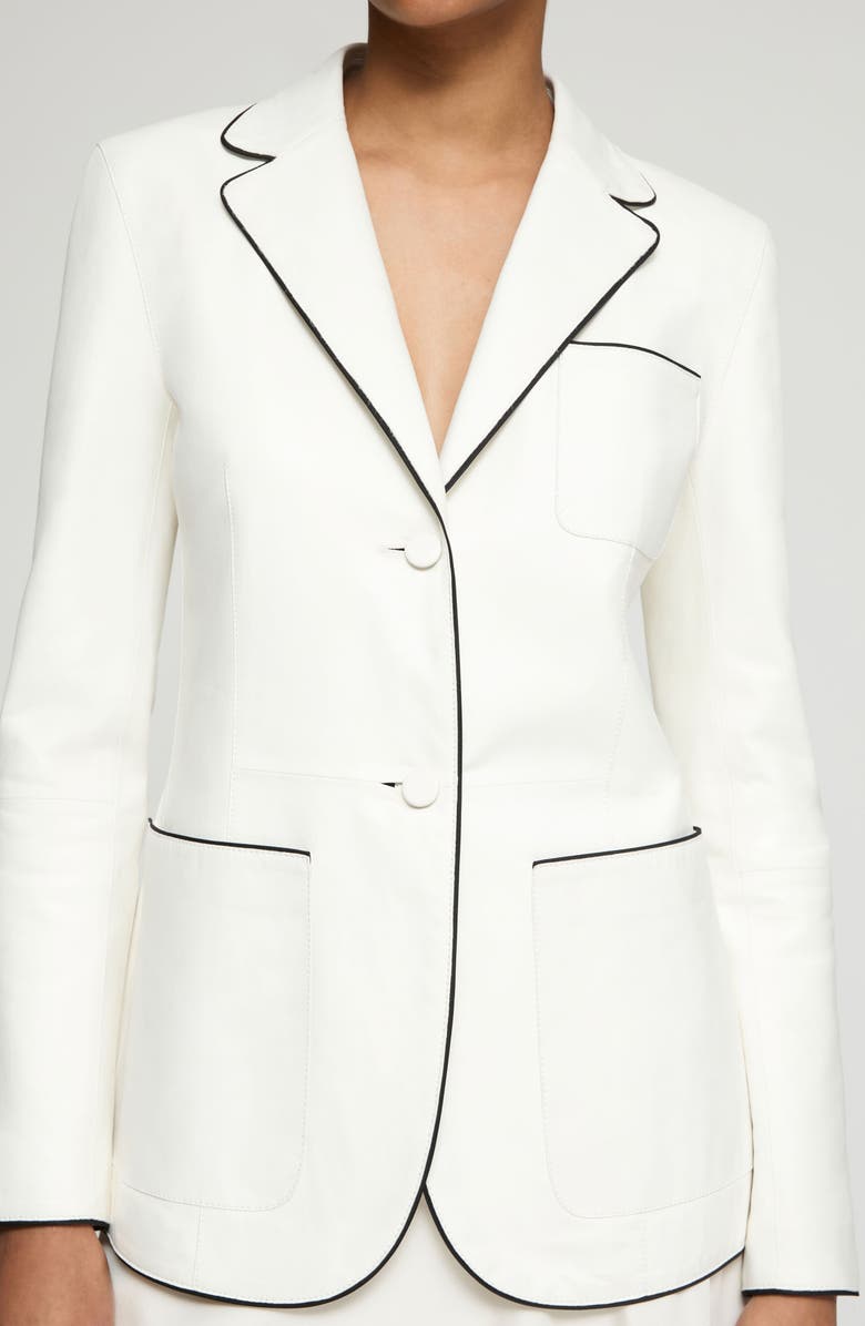 Lafayette 148 New York Glove Piped Lambskin Leather Blazer, Alternate, color, White